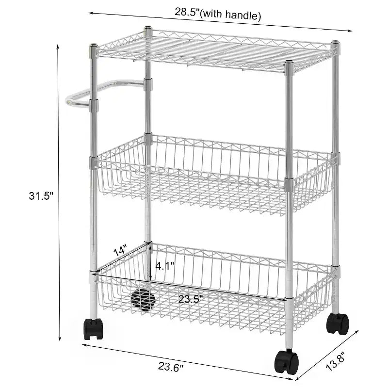Chariot roulant à 3 niveaux en fil métallique GustoWave avec poignées pour cuisine, bar, bureau
