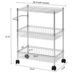 Chariot roulant à 3 niveaux en fil métallique GustoWave avec poignées pour cuisine, bar, bureau
