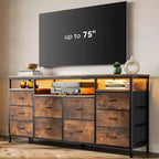 Meuble TV Zstar avec 10 tiroirs en tissu pour téléviseurs de 65, 70, 75 pouces, meuble TV bas de 160 cm de large avec lumières LED et étagères de rangement ouvertes