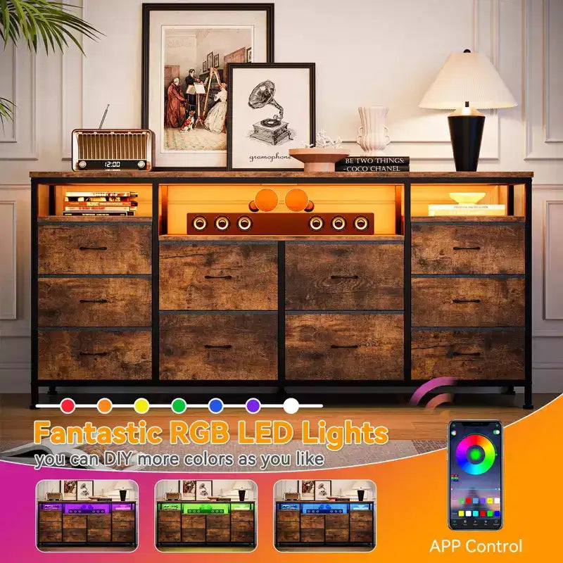 Meuble TV Zstar avec 10 tiroirs en tissu pour téléviseurs de 65, 70, 75 pouces, meuble TV bas de 160 cm de large avec lumières LED et étagères de rangement ouvertes