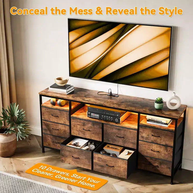 Meuble TV Zstar avec 10 tiroirs en tissu pour téléviseurs de 65, 70, 75 pouces, meuble TV bas de 160 cm de large avec lumières LED et étagères de rangement ouvertes
