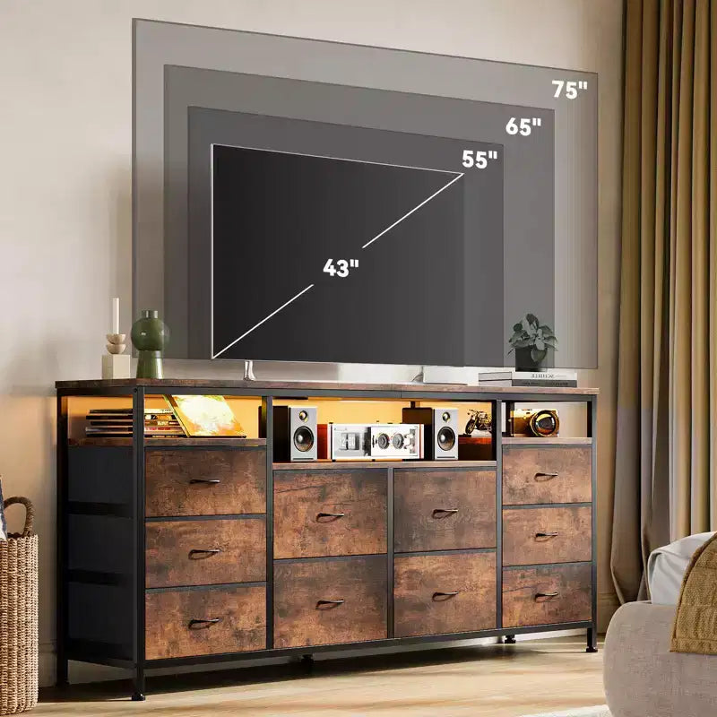 Meuble TV Zstar avec 10 tiroirs en tissu pour téléviseurs de 65, 70, 75 pouces, meuble TV bas de 160 cm de large avec lumières LED et étagères de rangement ouvertes