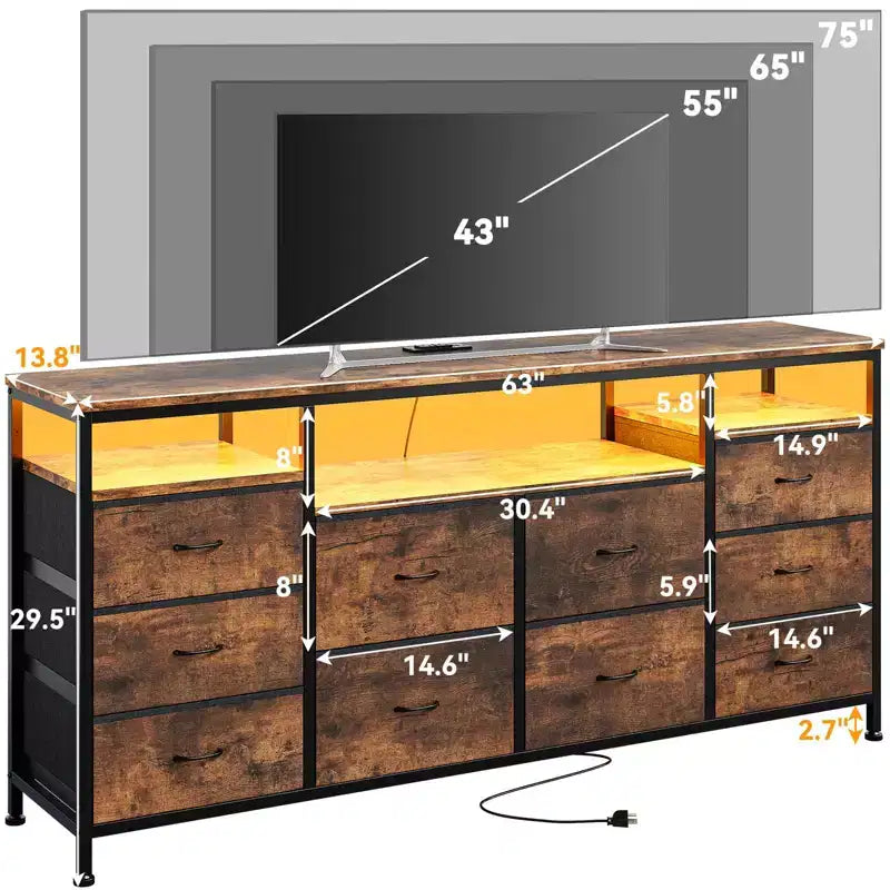 Meuble TV Zstar avec 10 tiroirs en tissu pour téléviseurs de 65, 70, 75 pouces, meuble TV bas de 160 cm de large avec lumières LED et étagères de rangement ouvertes