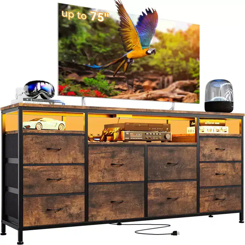 Meuble TV Zstar avec 10 tiroirs en tissu pour téléviseurs de 65, 70, 75 pouces, meuble TV bas de 160 cm de large avec lumières LED et étagères de rangement ouvertes