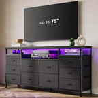 Meuble TV Zstar avec 10 tiroirs en tissu pour téléviseurs de 65, 70, 75 pouces, meuble TV bas de 160 cm de large avec lumières LED et étagères de rangement ouvertes