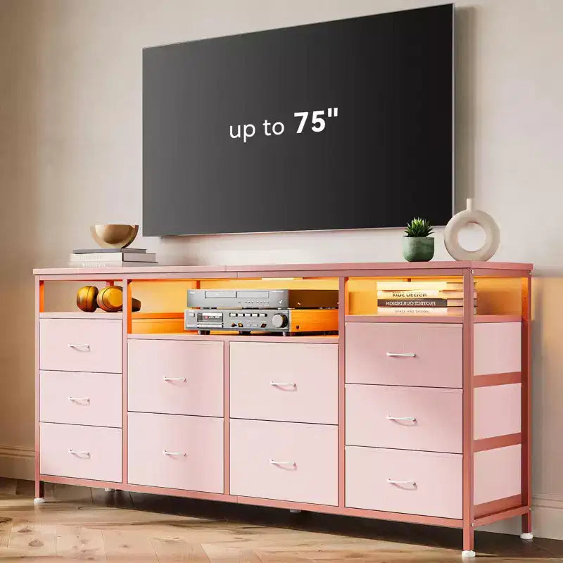Meuble TV Zstar avec 10 tiroirs en tissu pour téléviseurs de 65, 70, 75 pouces, meuble TV bas de 160 cm de large avec lumières LED et étagères de rangement ouvertes
