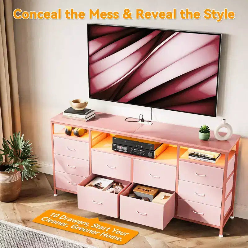 Meuble TV Zstar avec 10 tiroirs en tissu pour téléviseurs de 65, 70, 75 pouces, meuble TV bas de 160 cm de large avec lumières LED et étagères de rangement ouvertes