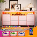 Meuble TV Zstar avec 10 tiroirs en tissu pour téléviseurs de 65, 70, 75 pouces, meuble TV bas de 160 cm de large avec lumières LED et étagères de rangement ouvertes