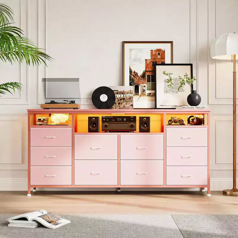 Meuble TV Zstar avec 10 tiroirs en tissu pour téléviseurs de 65, 70, 75 pouces, meuble TV bas de 160 cm de large avec lumières LED et étagères de rangement ouvertes