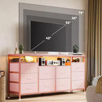 Meuble TV Zstar avec 10 tiroirs en tissu pour téléviseurs de 65, 70, 75 pouces, meuble TV bas de 160 cm de large avec lumières LED et étagères de rangement ouvertes
