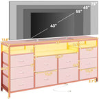 Meuble TV Zstar avec 10 tiroirs en tissu pour téléviseurs de 65, 70, 75 pouces, meuble TV bas de 160 cm de large avec lumières LED et étagères de rangement ouvertes
