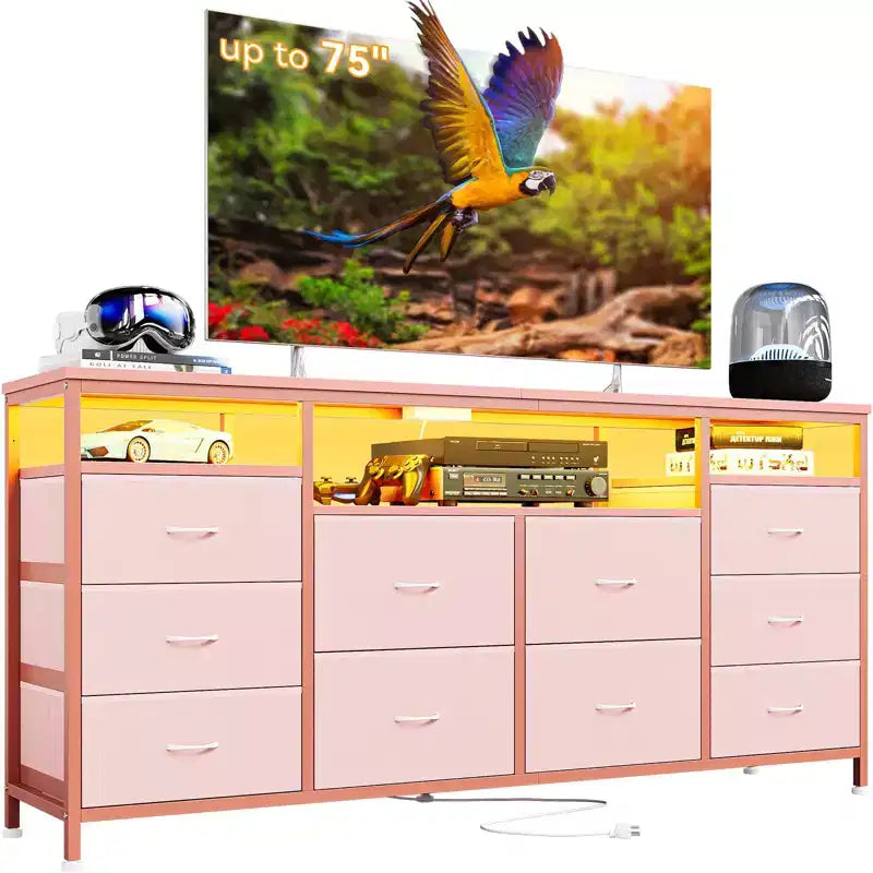 Meuble TV Zstar avec 10 tiroirs en tissu pour téléviseurs de 65, 70, 75 pouces, meuble TV bas de 160 cm de large avec lumières LED et étagères de rangement ouvertes