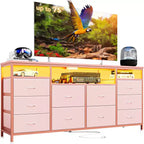 Meuble TV Zstar avec 10 tiroirs en tissu pour téléviseurs de 65, 70, 75 pouces, meuble TV bas de 160 cm de large avec lumières LED et étagères de rangement ouvertes