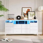Meuble TV Zstar avec 10 tiroirs en tissu pour téléviseurs de 65, 70, 75 pouces, meuble TV bas de 160 cm de large avec lumières LED et étagères de rangement ouvertes