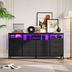 Meuble TV Zstar avec 10 tiroirs en tissu pour téléviseurs de 65, 70, 75 pouces, meuble TV bas de 160 cm de large avec lumières LED et étagères de rangement ouvertes