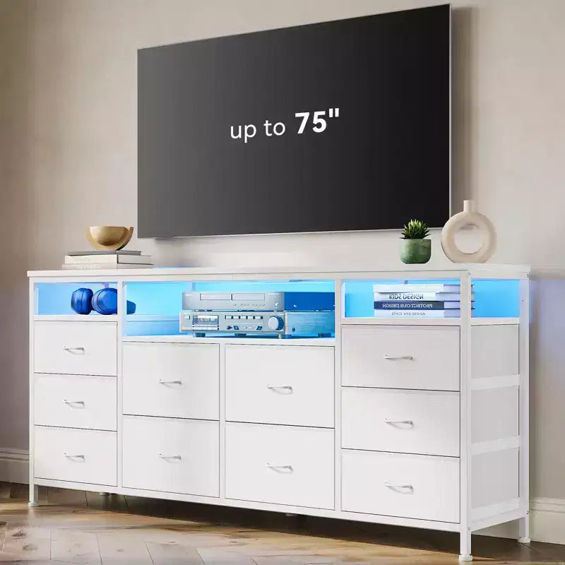 Meuble TV Zstar avec 10 tiroirs en tissu pour téléviseurs de 65, 70, 75 pouces, meuble TV bas de 160 cm de large avec lumières LED et étagères de rangement ouvertes