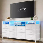 Meuble TV Zstar avec 10 tiroirs en tissu pour téléviseurs de 65, 70, 75 pouces, meuble TV bas de 160 cm de large avec lumières LED et étagères de rangement ouvertes