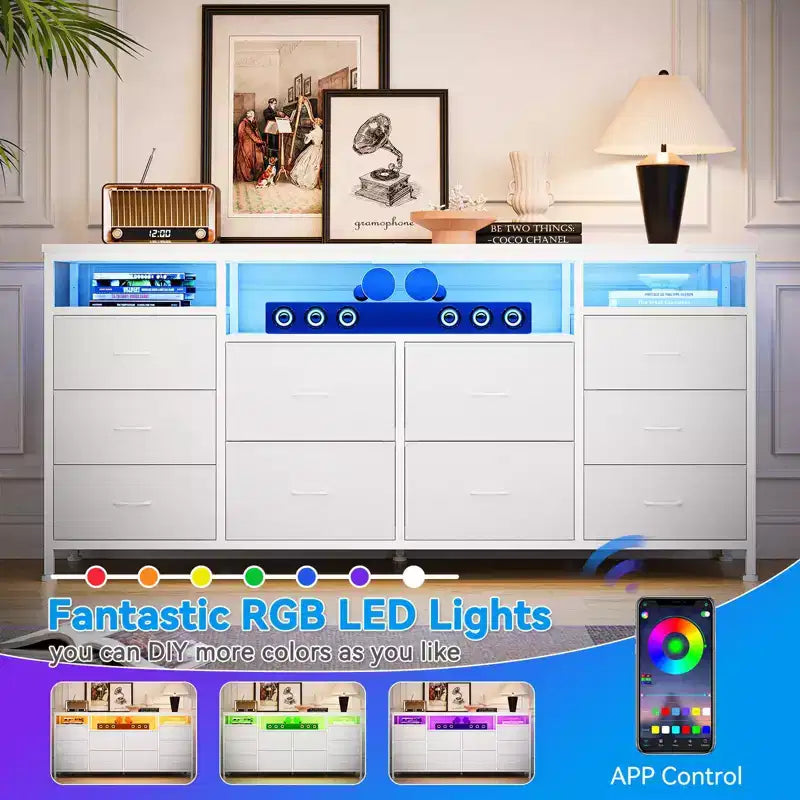 Meuble TV Zstar avec 10 tiroirs en tissu pour téléviseurs de 65, 70, 75 pouces, meuble TV bas de 160 cm de large avec lumières LED et étagères de rangement ouvertes
