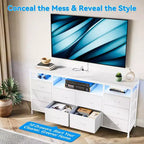 Meuble TV Zstar avec 10 tiroirs en tissu pour téléviseurs de 65, 70, 75 pouces, meuble TV bas de 160 cm de large avec lumières LED et étagères de rangement ouvertes
