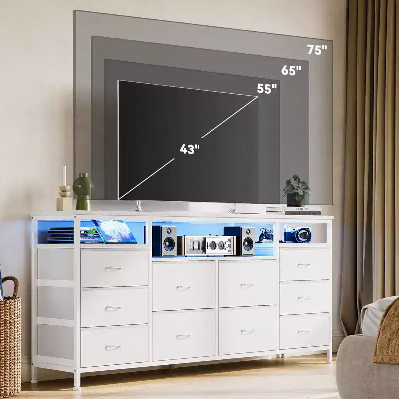 Meuble TV Zstar avec 10 tiroirs en tissu pour téléviseurs de 65, 70, 75 pouces, meuble TV bas de 160 cm de large avec lumières LED et étagères de rangement ouvertes