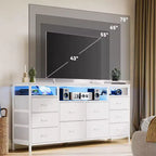 Meuble TV Zstar avec 10 tiroirs en tissu pour téléviseurs de 65, 70, 75 pouces, meuble TV bas de 160 cm de large avec lumières LED et étagères de rangement ouvertes