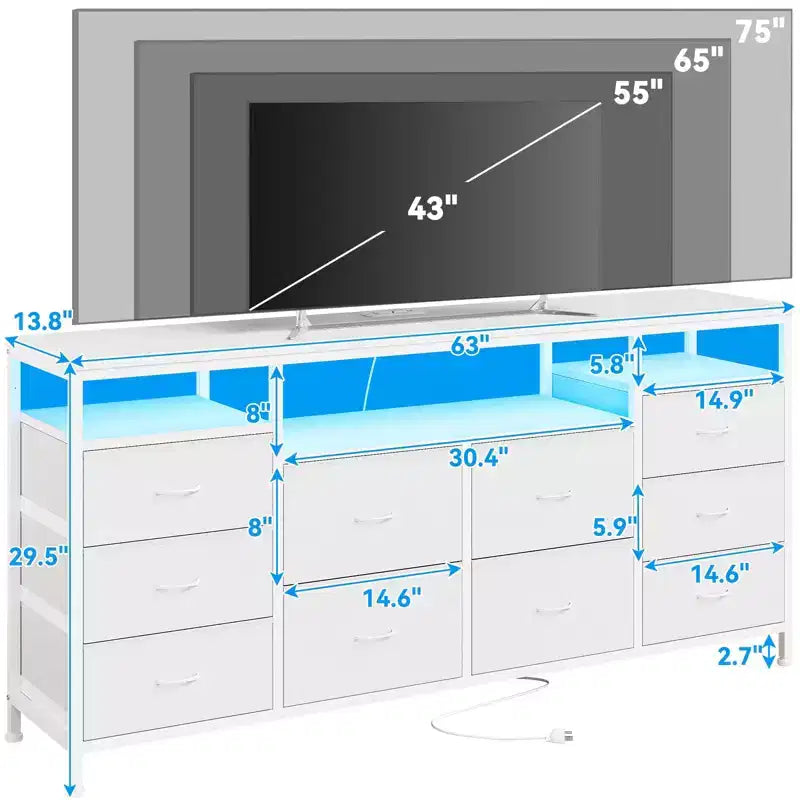 Meuble TV Zstar avec 10 tiroirs en tissu pour téléviseurs de 65, 70, 75 pouces, meuble TV bas de 160 cm de large avec lumières LED et étagères de rangement ouvertes