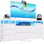 Meuble TV Zstar avec 10 tiroirs en tissu pour téléviseurs de 65, 70, 75 pouces, meuble TV bas de 160 cm de large avec lumières LED et étagères de rangement ouvertes