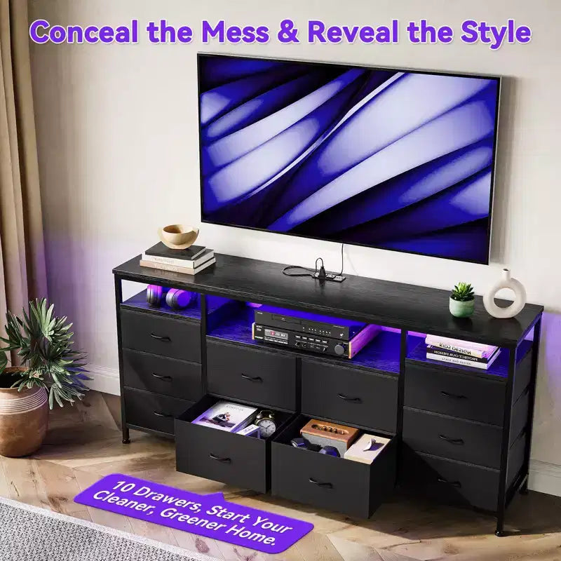 Meuble TV Zstar avec 10 tiroirs en tissu pour téléviseurs de 65, 70, 75 pouces, meuble TV bas de 160 cm de large avec lumières LED et étagères de rangement ouvertes