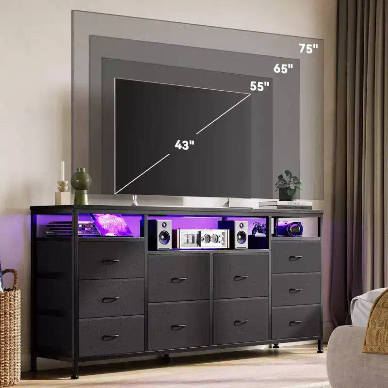 Meuble TV Zstar avec 10 tiroirs en tissu pour téléviseurs de 65, 70, 75 pouces, meuble TV bas de 160 cm de large avec lumières LED et étagères de rangement ouvertes