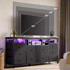 Meuble TV Zstar avec 10 tiroirs en tissu pour téléviseurs de 65, 70, 75 pouces, meuble TV bas de 160 cm de large avec lumières LED et étagères de rangement ouvertes