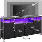Meuble TV Zstar avec 10 tiroirs en tissu pour téléviseurs de 65, 70, 75 pouces, meuble TV bas de 160 cm de large avec lumières LED et étagères de rangement ouvertes
