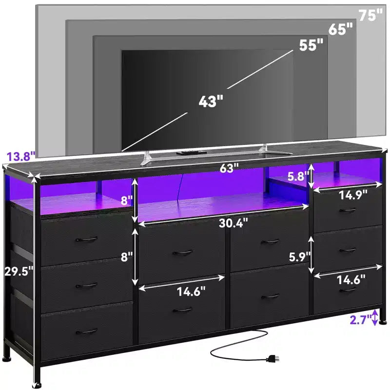 Meuble TV Zstar avec 10 tiroirs en tissu pour téléviseurs de 65, 70, 75 pouces, meuble TV bas de 160 cm de large avec lumières LED et étagères de rangement ouvertes
