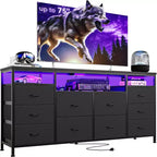 Meuble TV Zstar avec 10 tiroirs en tissu pour téléviseurs de 65, 70, 75 pouces, meuble TV bas de 160 cm de large avec lumières LED et étagères de rangement ouvertes