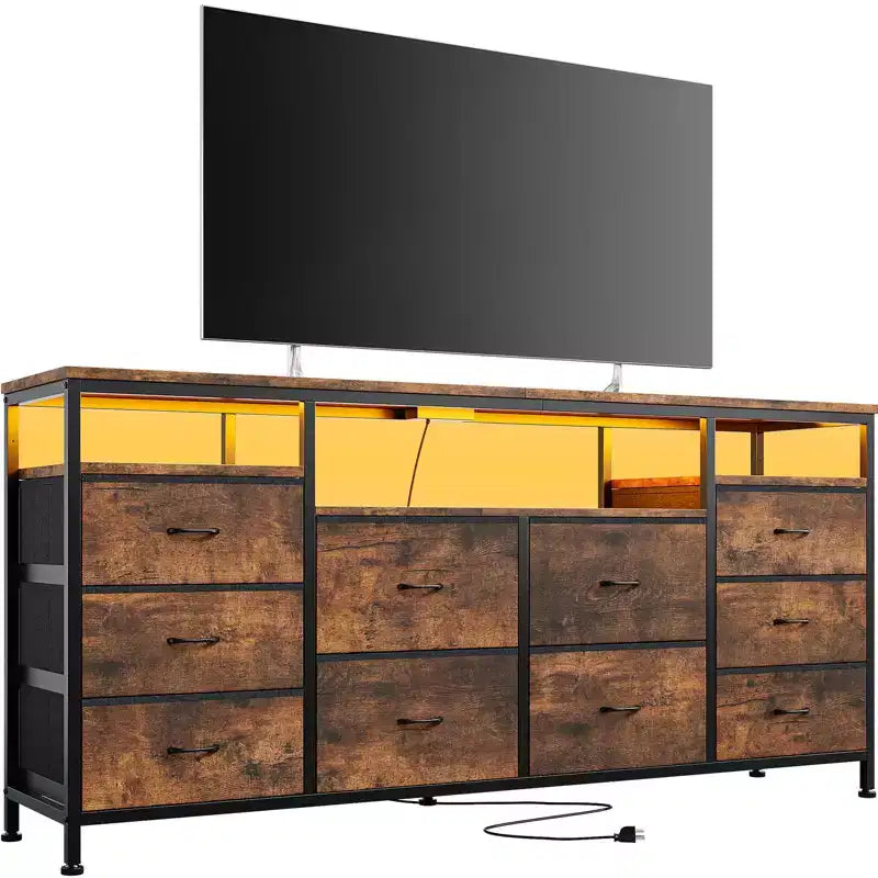 Meuble TV Zstar avec 10 tiroirs en tissu pour téléviseurs de 65, 70, 75 pouces, meuble TV bas de 160 cm de large avec lumières LED et étagères de rangement ouvertes