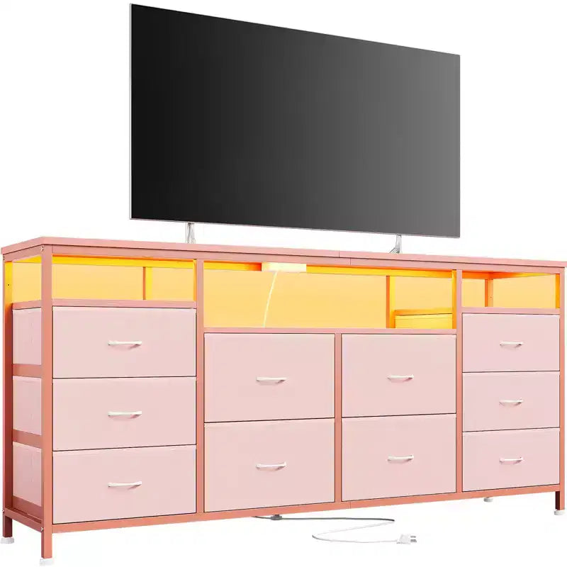 Meuble TV Zstar avec 10 tiroirs en tissu pour téléviseurs de 65, 70, 75 pouces, meuble TV bas de 160 cm de large avec lumières LED et étagères de rangement ouvertes