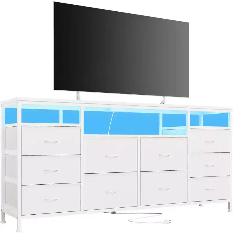 Meuble TV Zstar avec 10 tiroirs en tissu pour téléviseurs de 65, 70, 75 pouces, meuble TV bas de 160 cm de large avec lumières LED et étagères de rangement ouvertes