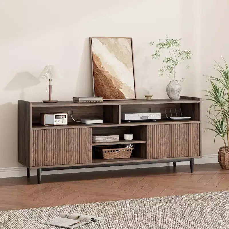 Meubles TV rustiques GustoWave, meuble TV avec portes coulissantes et étagères réglables
