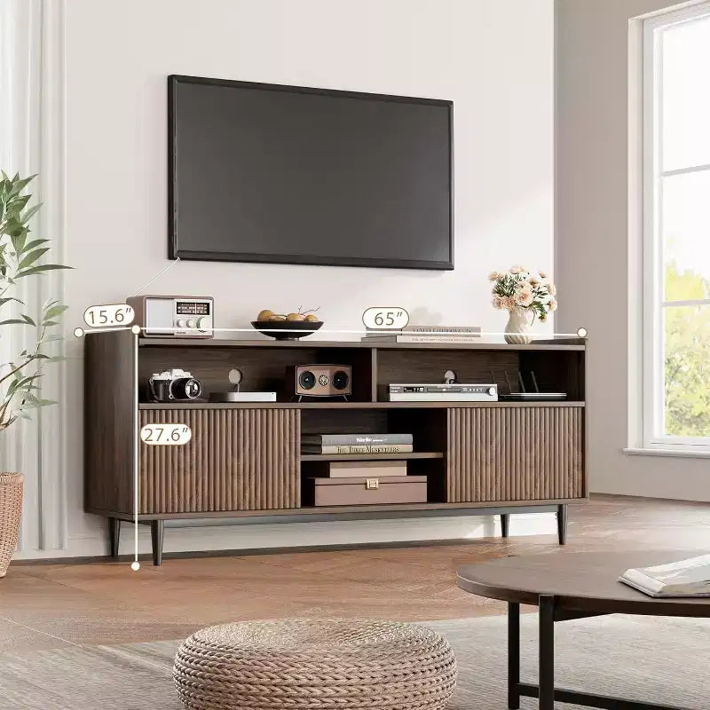 Meubles TV rustiques GustoWave, meuble TV avec portes coulissantes et étagères réglables