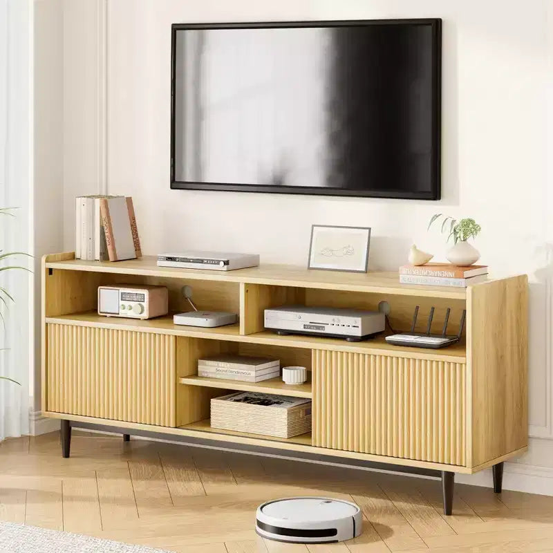 Meubles TV rustiques GustoWave, meuble TV avec portes coulissantes et étagères réglables