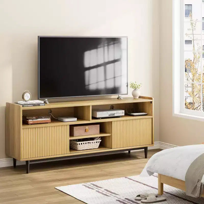 Meubles TV rustiques GustoWave, meuble TV avec portes coulissantes et étagères réglables