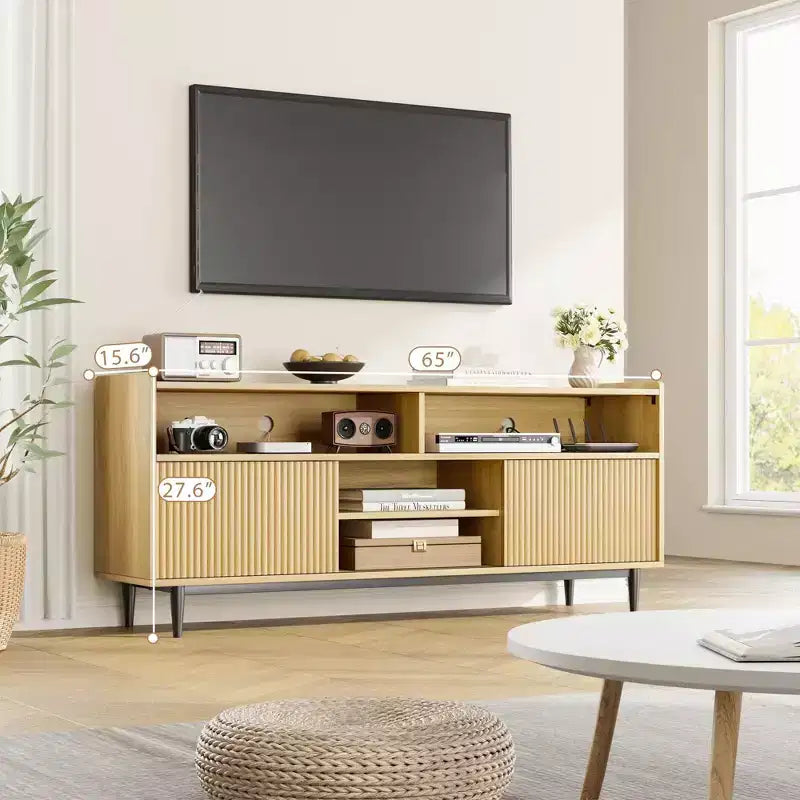 Meubles TV rustiques GustoWave, meuble TV avec portes coulissantes et étagères réglables
