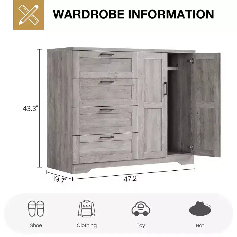 Armoire de 109,9 cm de haut avec 4 tiroirs et 2 portes, tringle à vêtements, commode multifonction en bois, meuble de salle de bain pour chambre à coucher