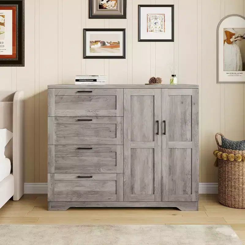 Armoire de 109,9 cm de haut avec 4 tiroirs et 2 portes, tringle à vêtements, commode multifonction en bois, meuble de salle de bain pour chambre à coucher