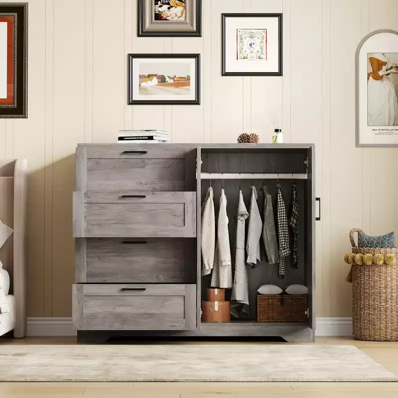 Armoire de 109,9 cm de haut avec 4 tiroirs et 2 portes, tringle à vêtements, commode multifonction en bois, meuble de salle de bain pour chambre à coucher