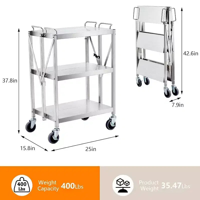 Chariot de service pliant utilitaire à 3 niveaux GustoWave pour maisons, restaurants, bars, bureaux, argent