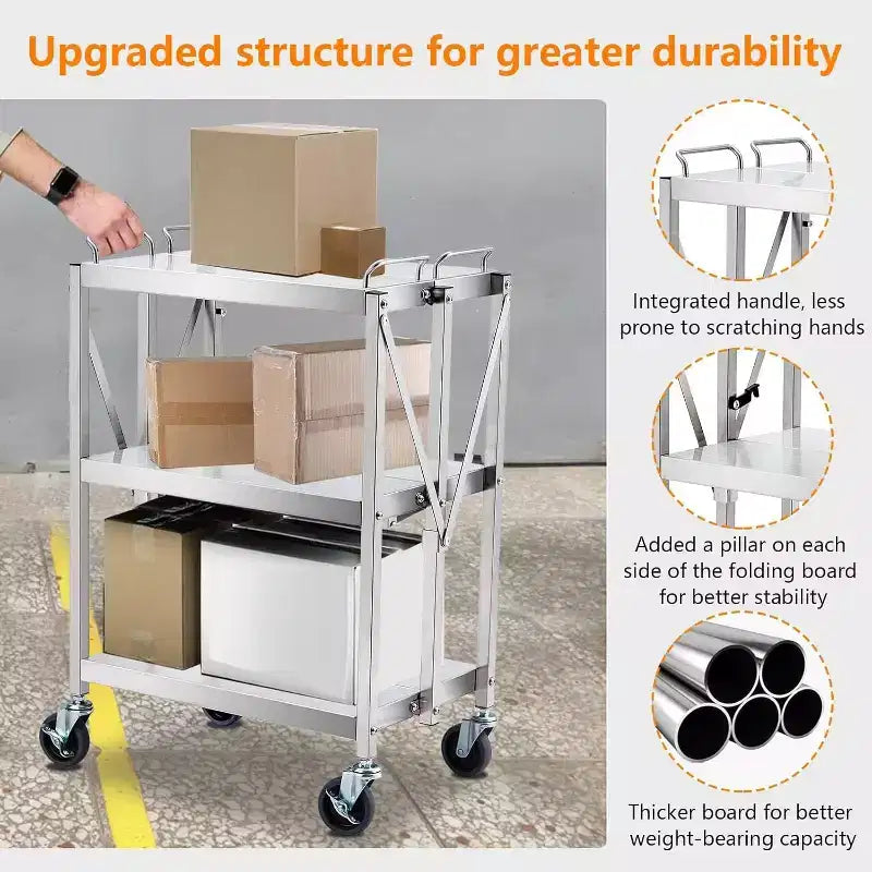 Chariot de service pliant utilitaire à 3 niveaux GustoWave pour maisons, restaurants, bars, bureaux, argent