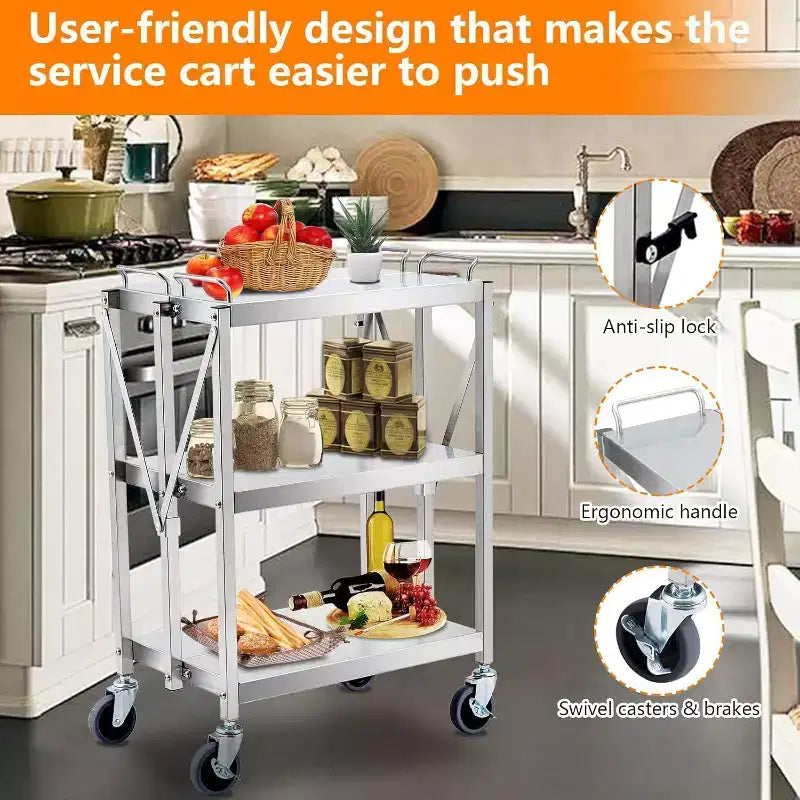 Chariot de service pliant utilitaire à 3 niveaux GustoWave pour maisons, restaurants, bars, bureaux, argent