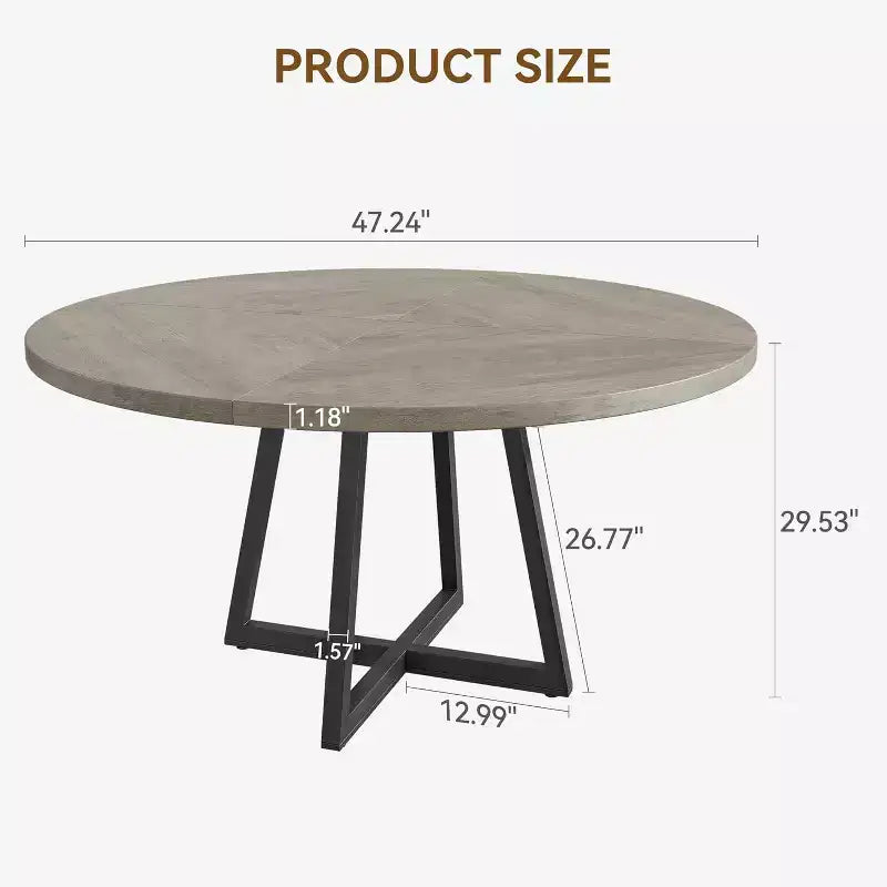 Table à manger ronde de 120 cm pour 4 personnes, table de salle à manger industrielle avec plateau en bois et base en métal pour salle à manger ou salon, gris (SANS chaises)