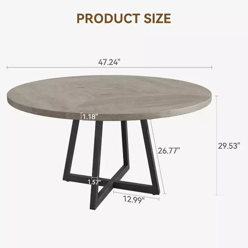 Table à manger ronde de 120 cm pour 4 personnes, table de salle à manger industrielle avec plateau en bois et base en métal pour salle à manger ou salon, gris (SANS chaises)