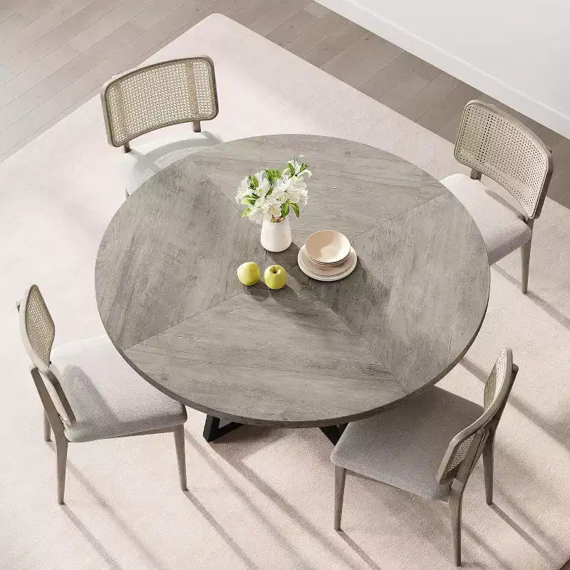 Table à manger ronde de 120 cm pour 4 personnes, table de salle à manger industrielle avec plateau en bois et base en métal pour salle à manger ou salon, gris (SANS chaises)